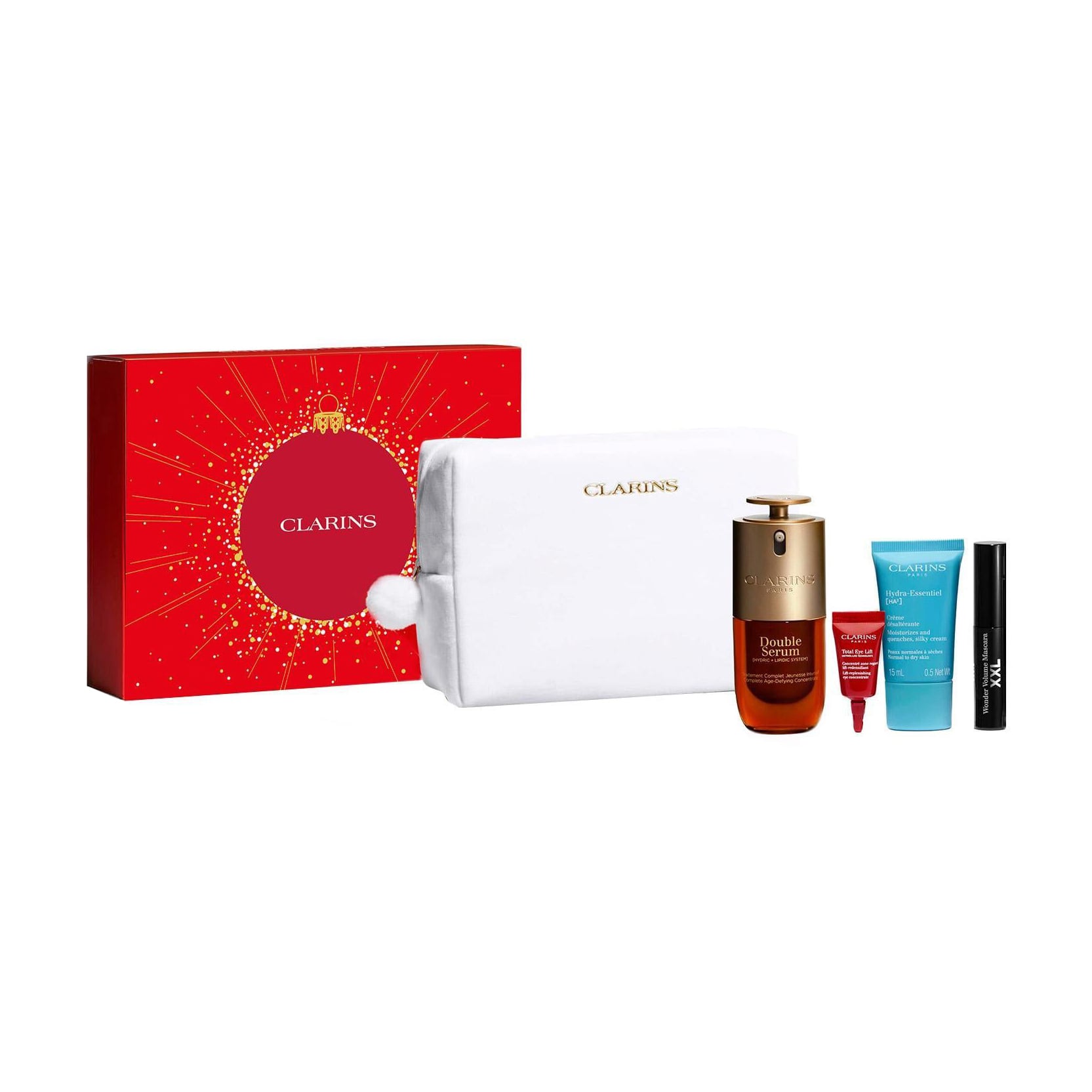 Набір для догляду за обличчям Clarins Double Serum 9 Set (крем, 15 мл + крем, 3 мл + сироватка, 30 мл + туш для вій, 3 мл + косметичка)
