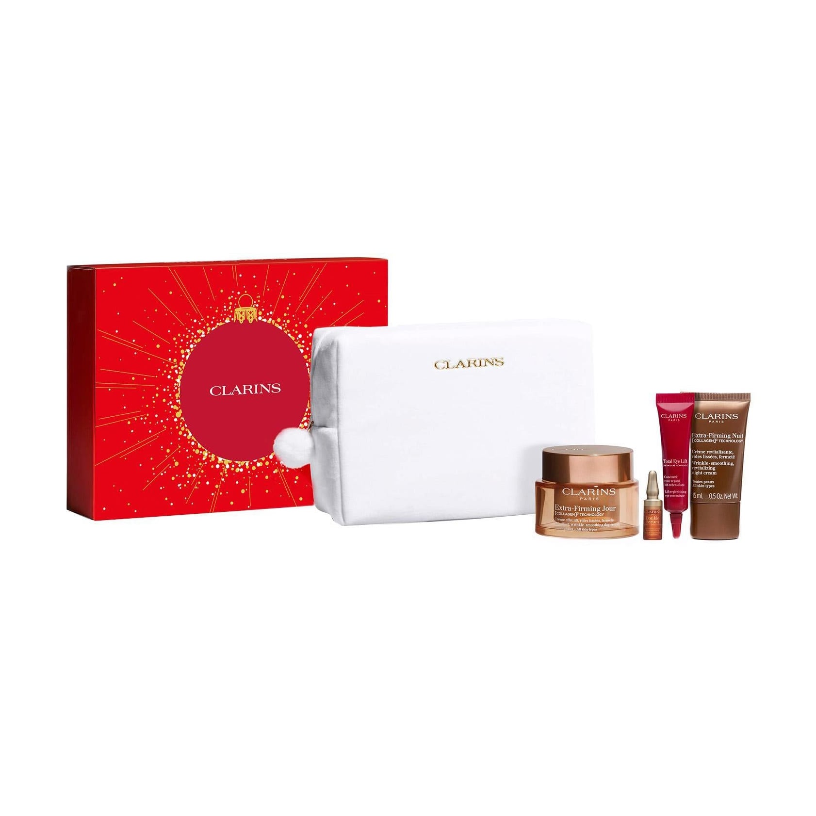 Набір для догляду за обличчям Clarins Value Set Extra-firming Xmas 25 (крем, 50 мл + крем, 15 мл + крем, 7 мл + сироватка, 1.9 мл + косметичка, 1 шт)